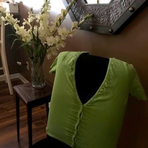 lime green V neck button-down cardigan